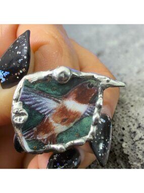 Lena Liu Hummingbird Broken China Ring - Silver Blend Boho Metalwork Size 8 | Al
